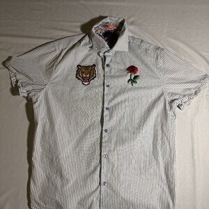 Denim & Flower Men’s Large Tiger Rose Button Up Shirt Harley Short Sleeve